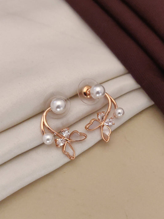 Designer  rose gold plated ad dimoand studed pearl drop fancy butterfly earring