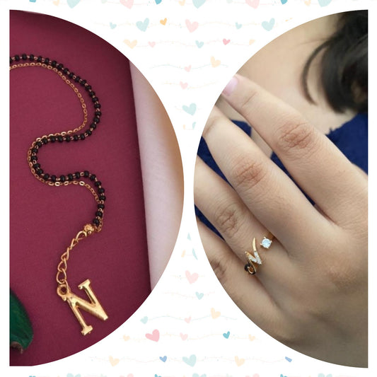 Gold Plated AD Diamond N Ring & N Mangalsutra Bracelet Combo