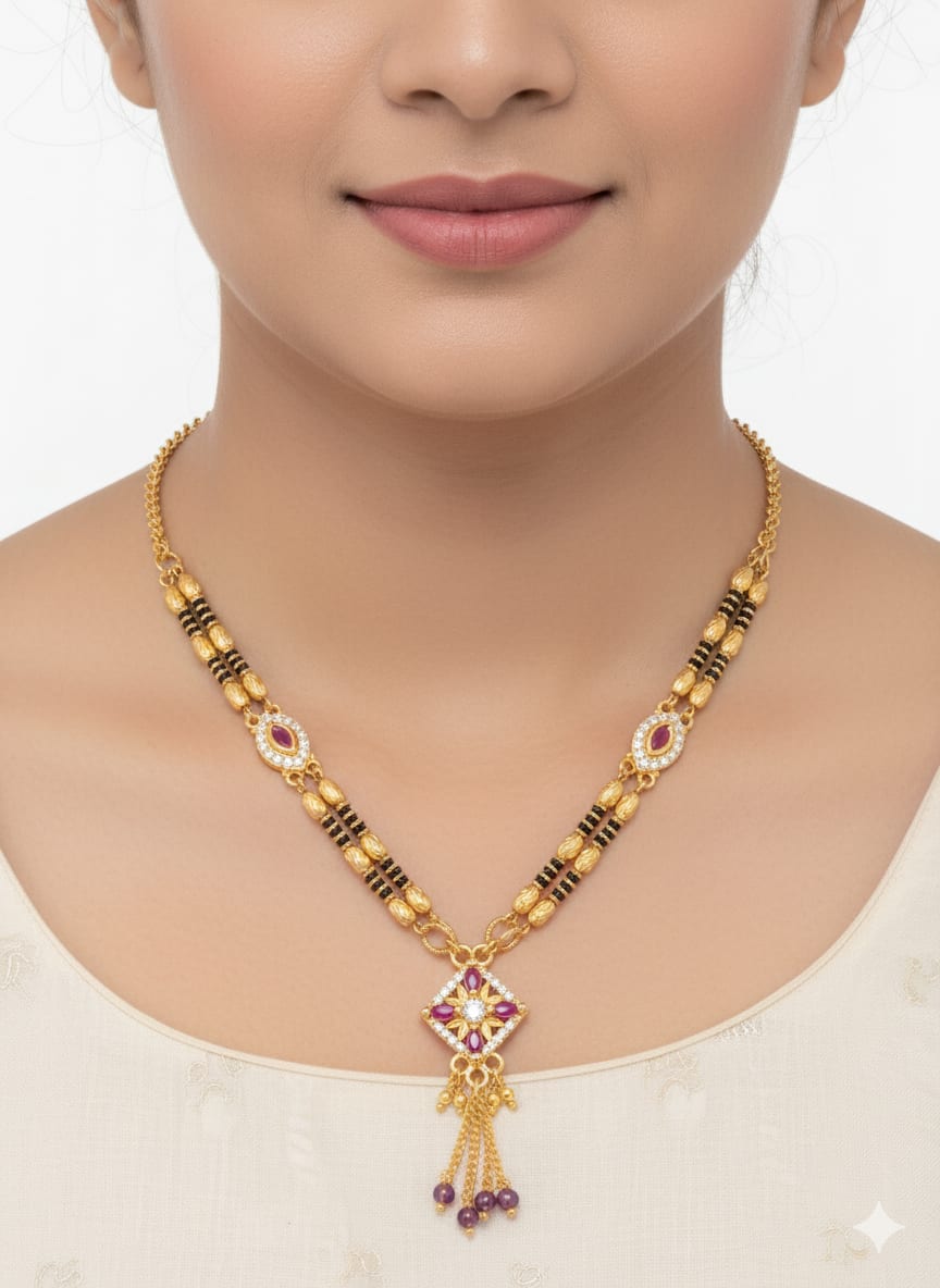 High Gold Plated Ad Diamond Studded Square Design Mangalsutra For Women