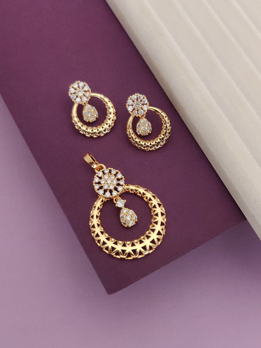 Designer rose gold plated ad diamond studed fancy flower design round pendent with earring