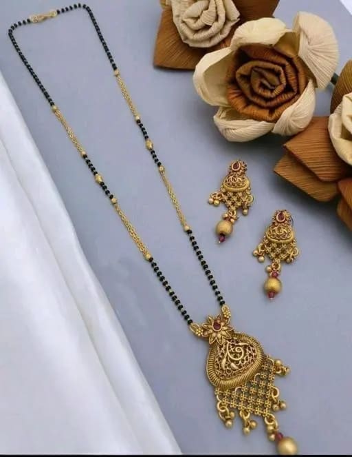 high god plated ruby stone studded fancy mangalsutra with earring