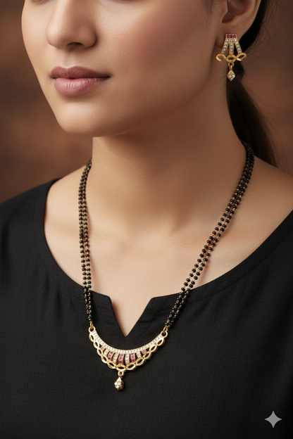 Elegant Curved AD Diamond & Ruby Stone Gold-Plated 24 inches Mangalsutra with earring.