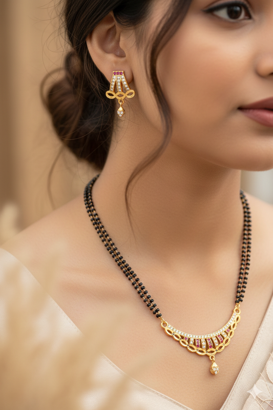 Elegant Curved AD Diamond & Ruby Stone Gold-Plated 24 inches Mangalsutra with earring.