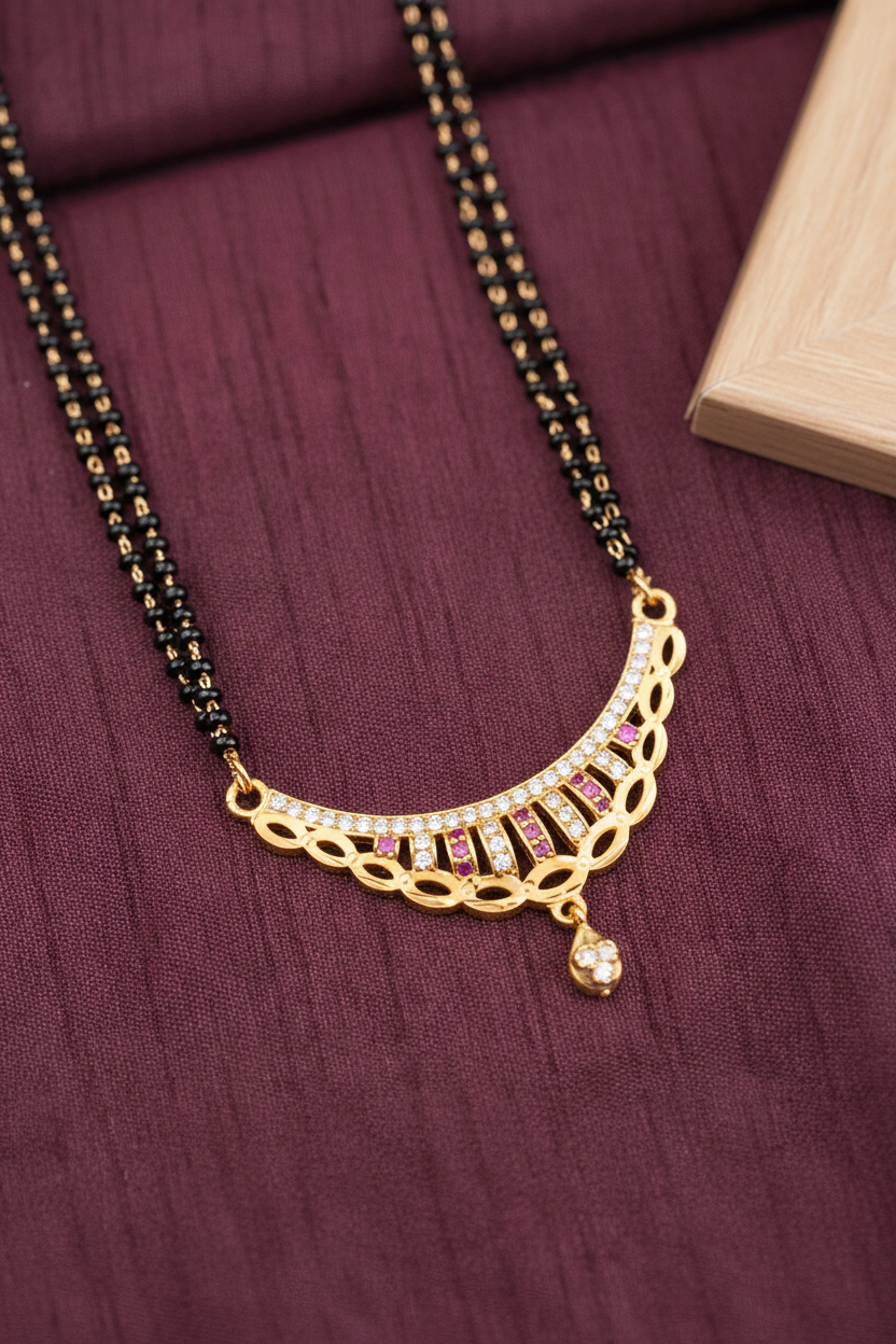 Elegant Curved AD Diamond & Ruby Stone Gold-Plated 24 inches Mangalsutra with earring.