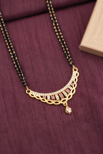 Elegant Curved AD Diamond & Ruby Stone Gold-Plated 24 inches Mangalsutra with earring.