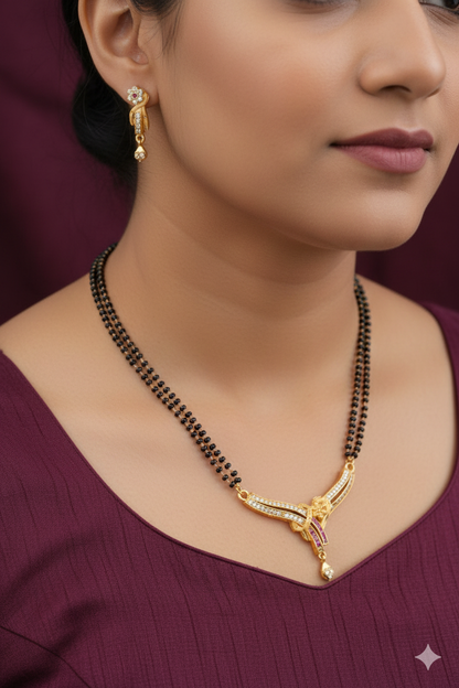 Elegant Double Line Black Beaded Mangalsutra with AD Diamond Pendant & Matching Earrings