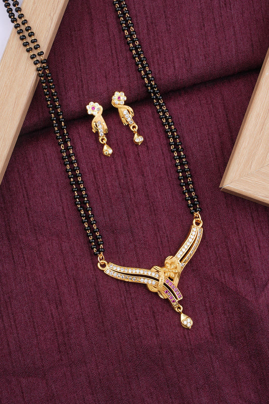 Elegant Double Line Black Beaded Mangalsutra with AD Diamond Pendant & Matching Earrings