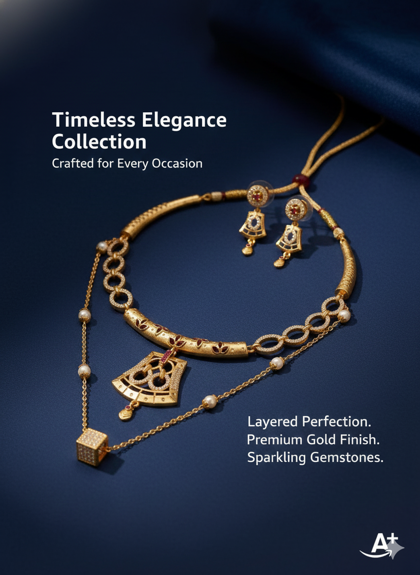 Elegant Dual-Layer AD Diamond chain with Gold-Plated Necklace Set with Designer Earrings