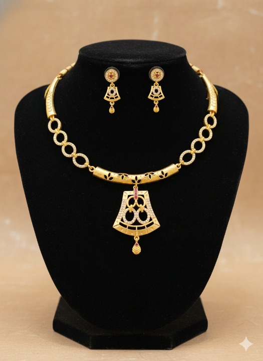 Elegant Dual-Layer AD Diamond chain with Gold-Plated Necklace Set with Designer Earrings