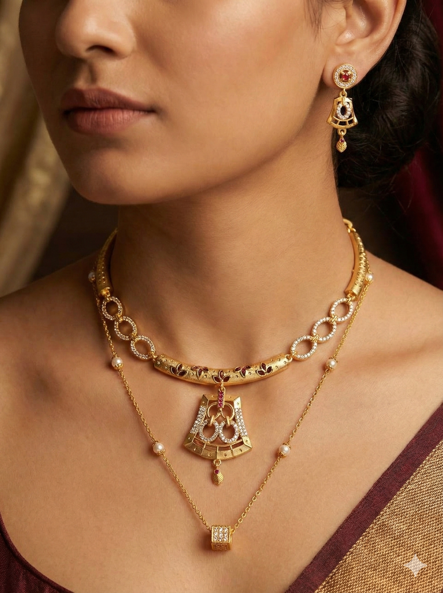 Elegant Dual-Layer AD Diamond chain with Gold-Plated Necklace Set with Designer Earrings