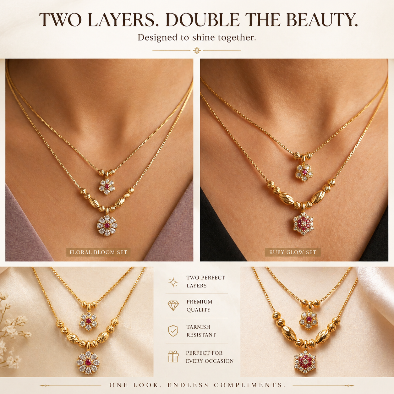pack of 2 Elegant Dual-Layer Gold Plated Floral Pendant Necklace Set with Ruby & AD Stones