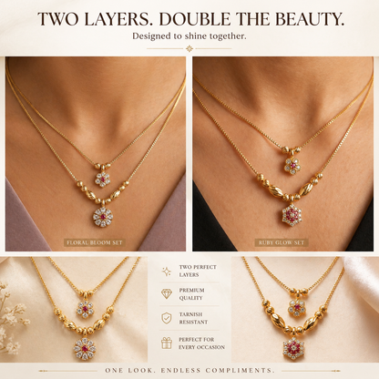 pack of 2 Elegant Dual-Layer Gold Plated Floral Pendant Necklace Set with Ruby & AD Stones