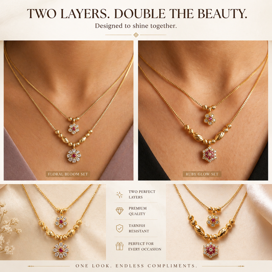pack of 2 Elegant Dual-Layer Gold Plated Floral Pendant Necklace Set with Ruby & AD Stones