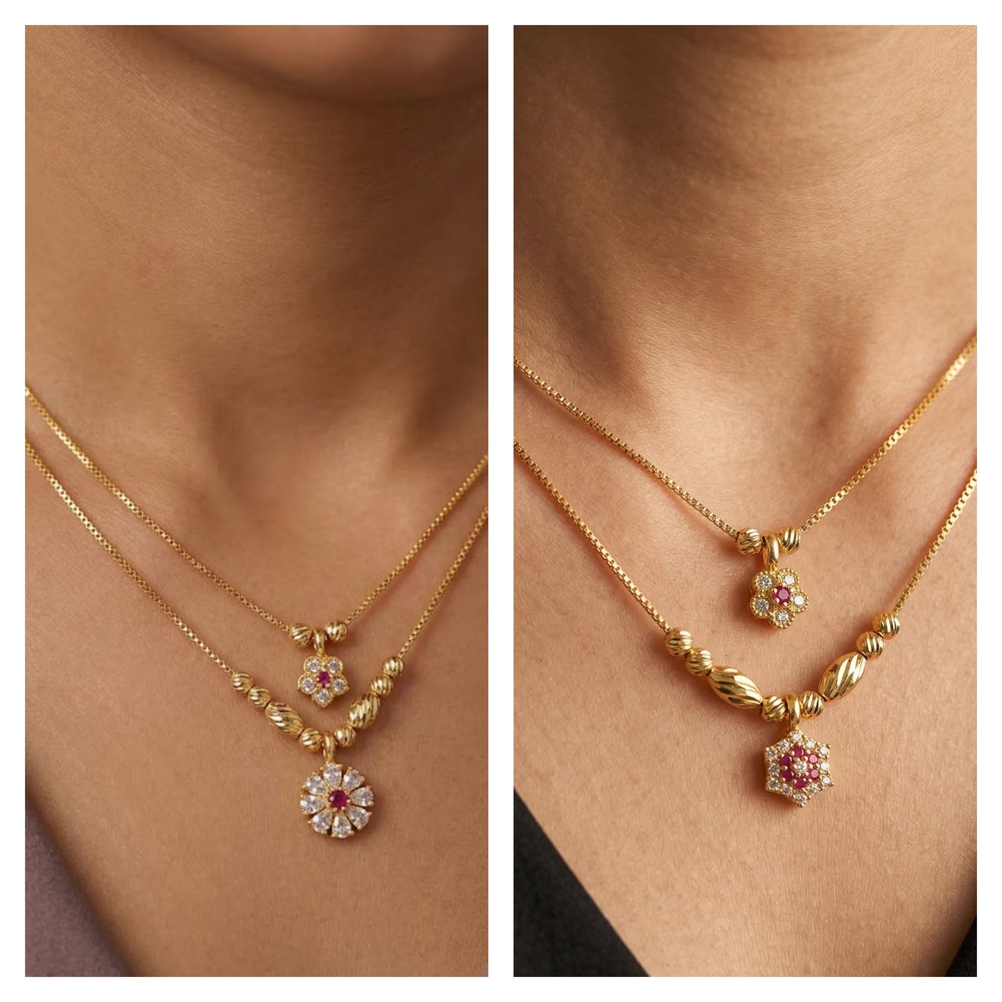 pack of 2 Elegant Dual-Layer Gold Plated Floral Pendant Necklace Set with Ruby & AD Stones