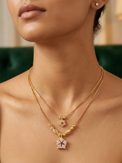pack of 2 Elegant Dual-Layer Gold Plated Necklace with Floral & Star Ruby Pendant