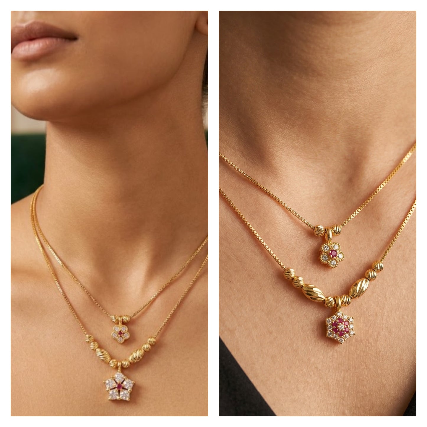 pack of 2 Elegant Dual-Layer Gold Plated Necklace with Floral & Star Ruby Pendant