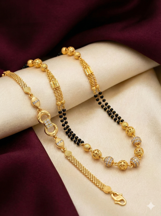 Elegant Dual Line Black Beaded Gold-Plated Mangalsutra with Designer gold plated bracelet