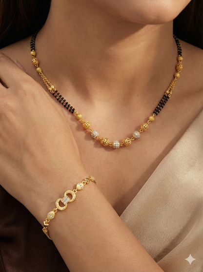 Elegant Dual Line Black Beaded Gold-Plated Mangalsutra with Designer gold  plated bracelet