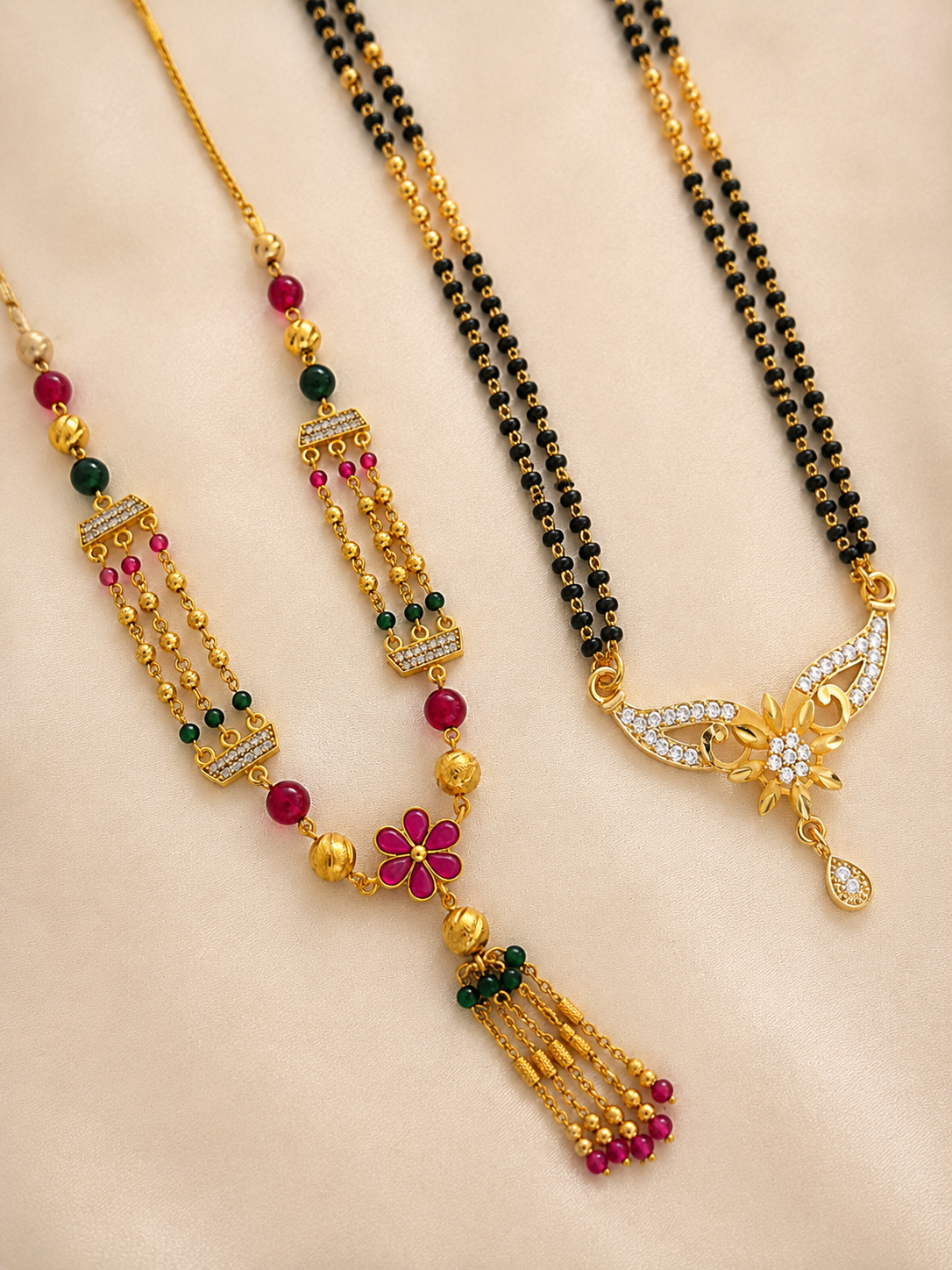 Elegant Dual Mangalsutra Combo Set with Floral Tassel & Diamond Pendant Design