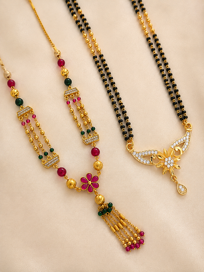 Elegant Dual Mangalsutra Combo Set with Floral Tassel & Diamond Pendant Design