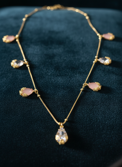 Elegant Dual-Tone Teardrop AD Pendant oval pink chain