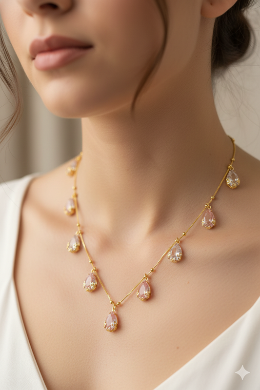 Elegant Dual-Tone Teardrop AD Pendant oval pink chain