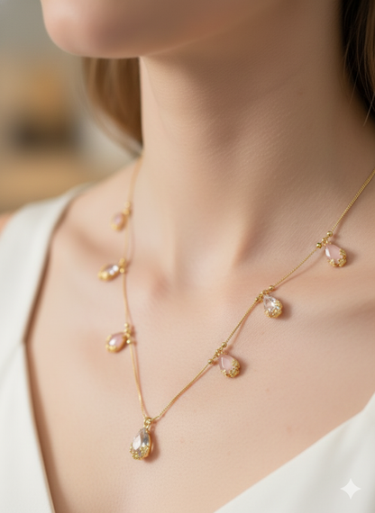 Elegant Dual-Tone Teardrop AD Pendant oval pink chain