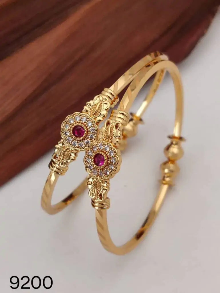 Elegant Gold-Plated Designer Bangle Combo Set for Women | Floral & Ruby Stone Fancy Bangles (Set of 3 Pairs)