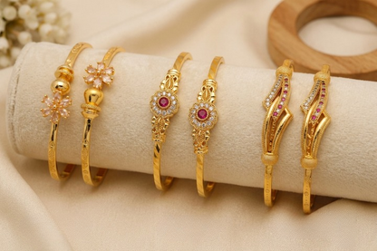 Elegant Gold-Plated Designer Bangle Combo Set for Women | Floral & Ruby Stone Fancy Bangles (Set of 3 Pairs)