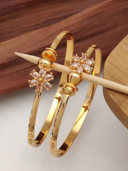 Elegant Gold-Plated Designer Bangle Combo Set for Women | Floral & Ruby Stone Fancy Bangles (Set of 3 Pairs)