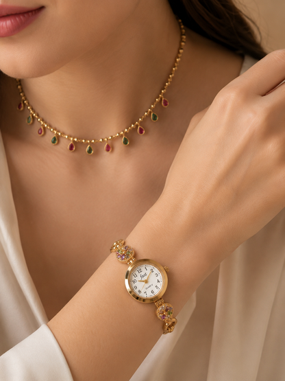 Elegant Gold-Plated Floral Stone Bracelet Watch for Women