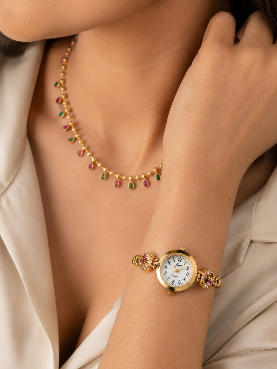 Elegant Gold-Plated Floral Stone Bracelet Watch for Women