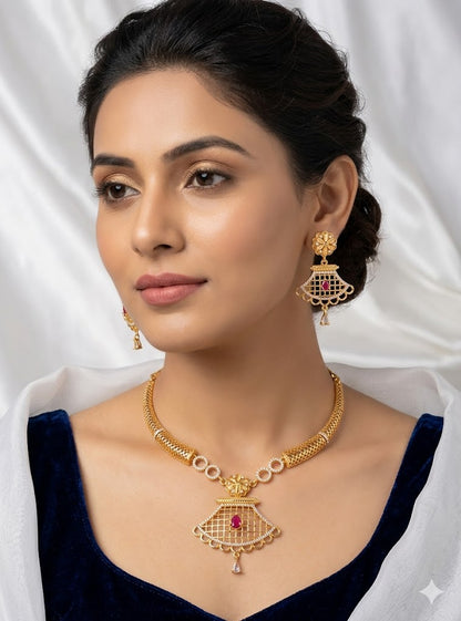 Elegant Gold-Plated Ruby Drop Pendant Necklace Set with Traditional Earrings
