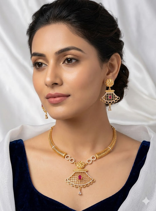 Elegant Gold-Plated Ruby Drop Pendant Necklace Set with Traditional Earrings