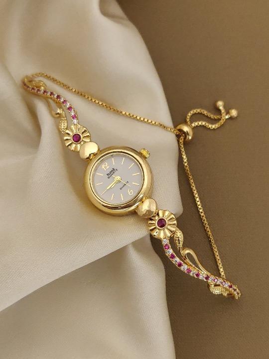 Gold Plated White Dial Floral Bracelet Watch For Women