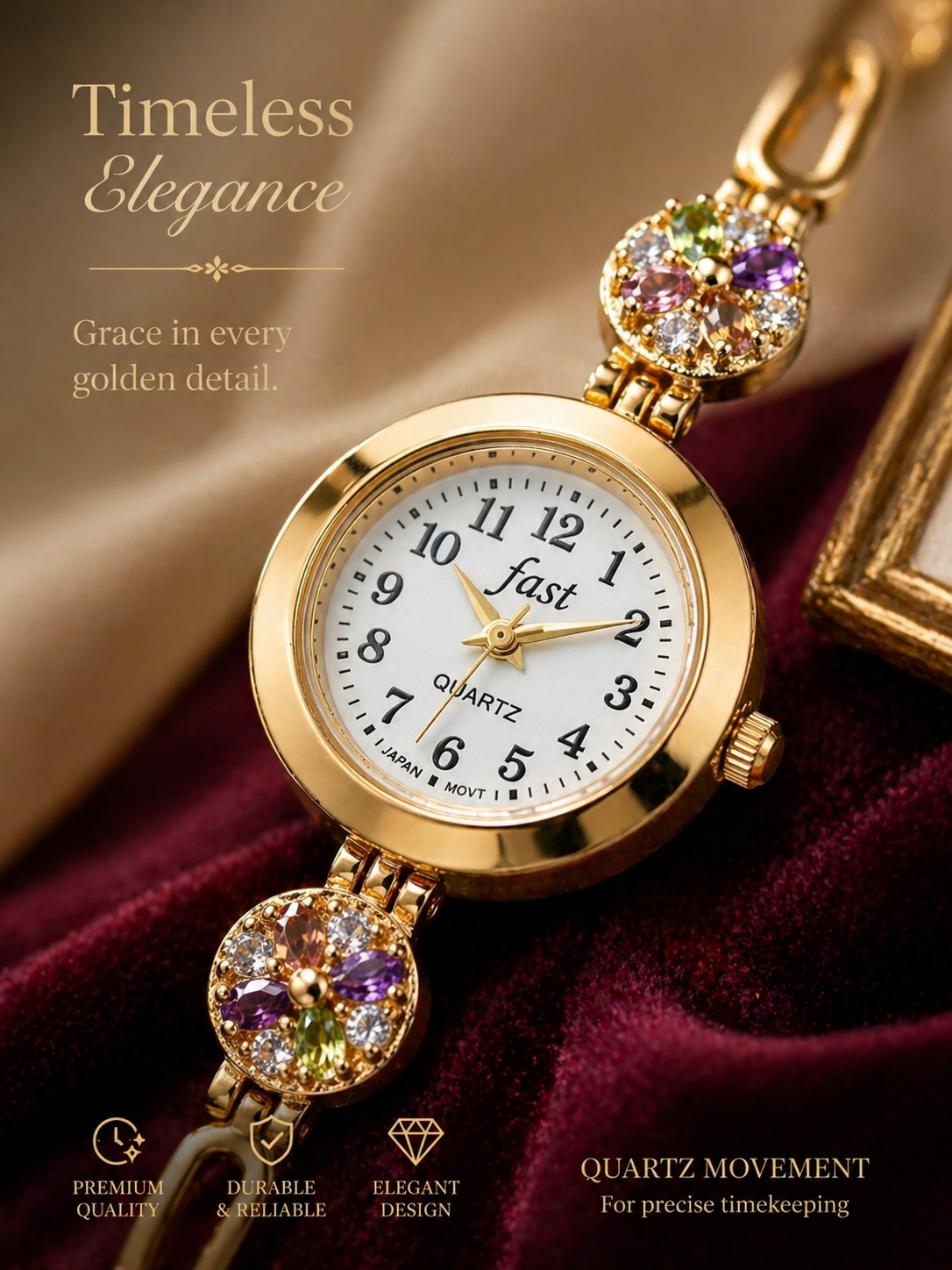 Designer Floral Stone Gold Plated Fancy Watch for Girls & Women