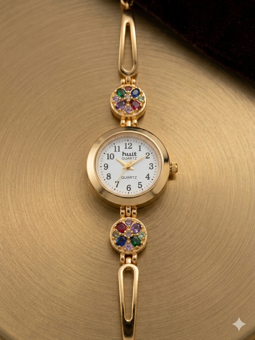 Designer Floral Stone Gold Plated Fancy Watch for Girls & Women