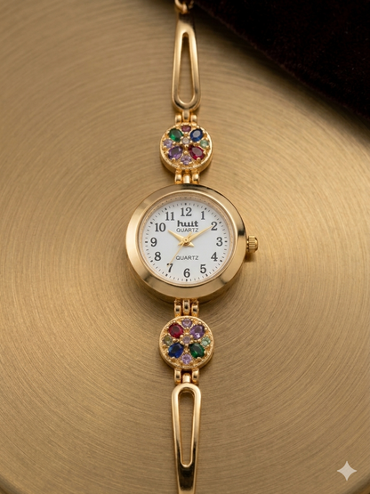 Designer Floral Stone Gold Plated Fancy Watch for Girls & Women