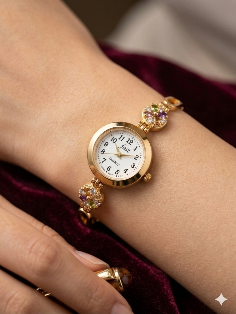 Designer Floral Stone Gold Plated Fancy Watch for Girls & Women