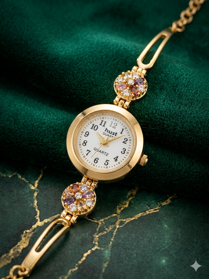 Designer Floral Stone Gold Plated Fancy Watch for Girls & Women