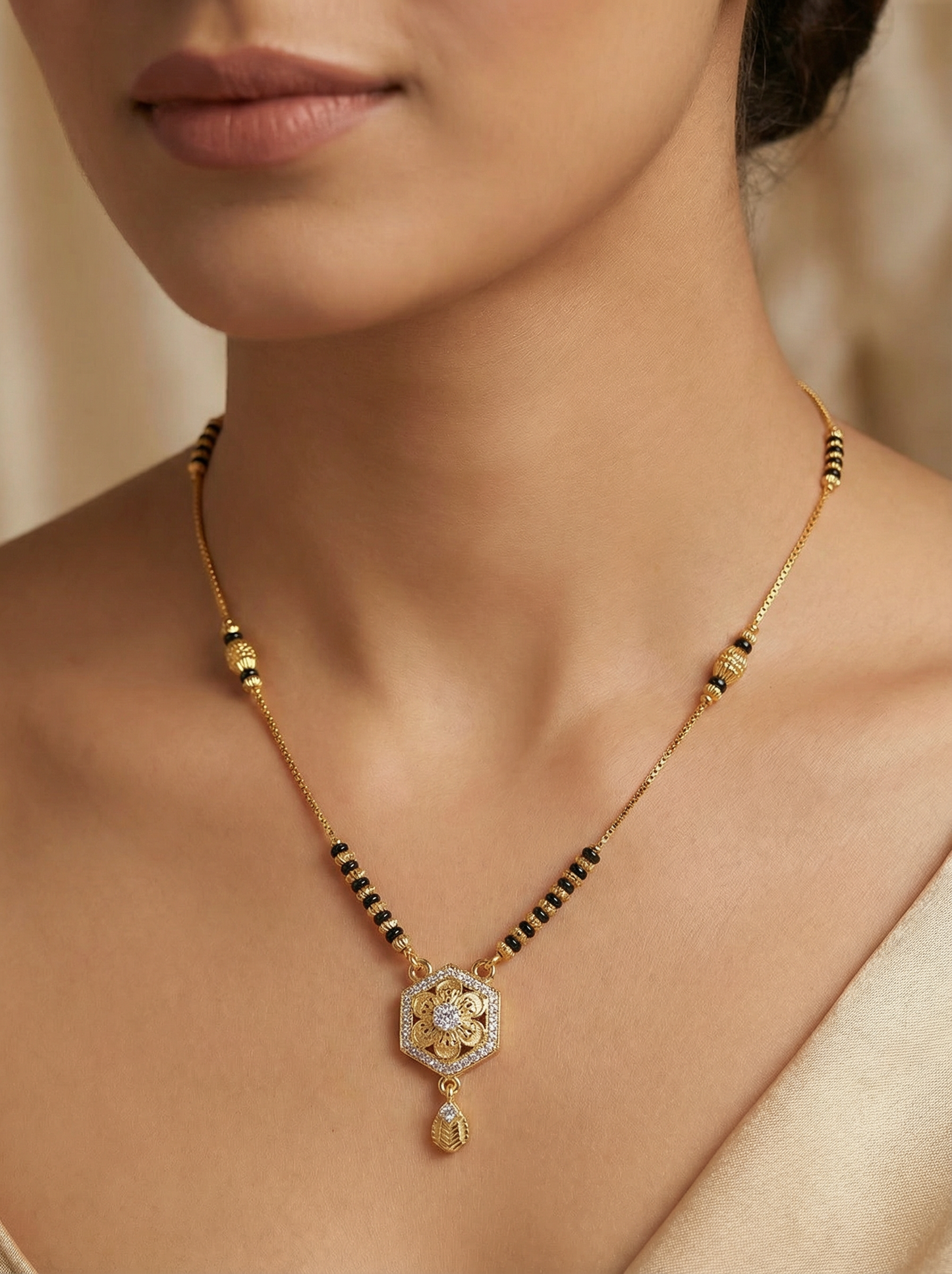 Daily Wear Hexa-Diamond Studded Golden Mangalsutra