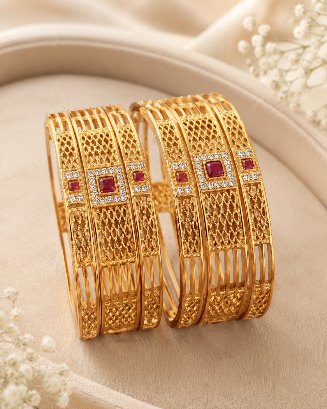Elegant High Gold Plated Ruby Stone & AD Diamond Lattice Designer Bangles Set of 2 for Women