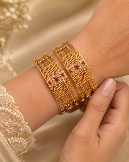 Elegant High Gold Plated Ruby Stone & AD Diamond Lattice Designer Bangles Set of 2 for Women