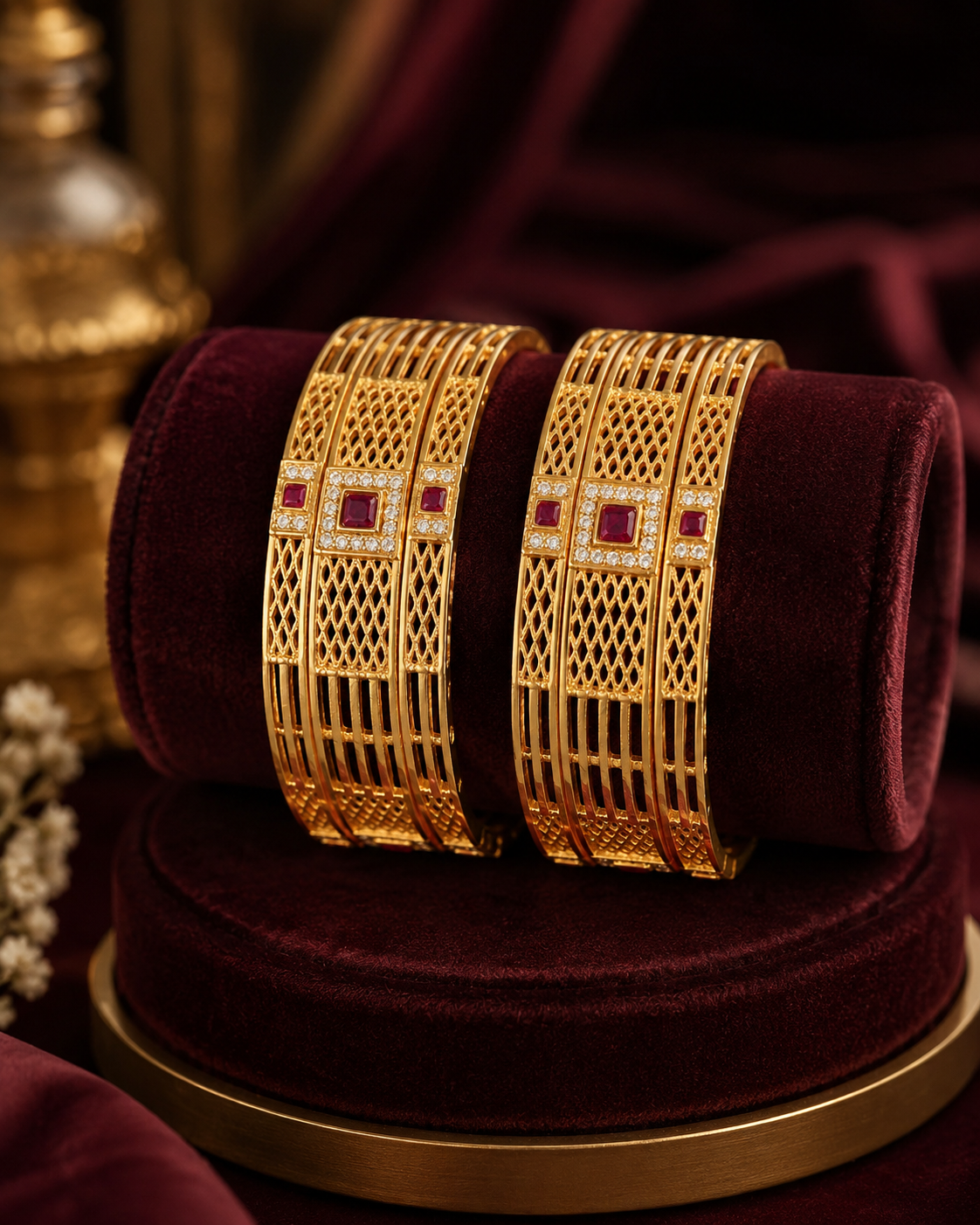 Elegant High Gold Plated Ruby Stone & AD Diamond Lattice Designer Bangles Set of 2 for Women
