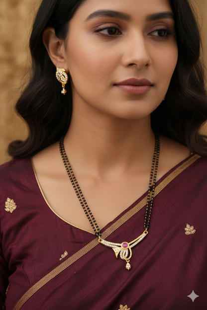 Elegant Micro Gold Plated AD Diamond 24 inches Mangalsutra with Ruby Accent Pendant and earring.