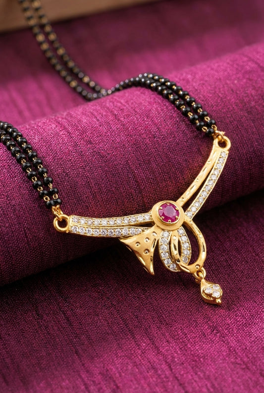 Elegant Micro Gold Plated AD Diamond 24 inches Mangalsutra with Ruby Accent Pendant and earring.