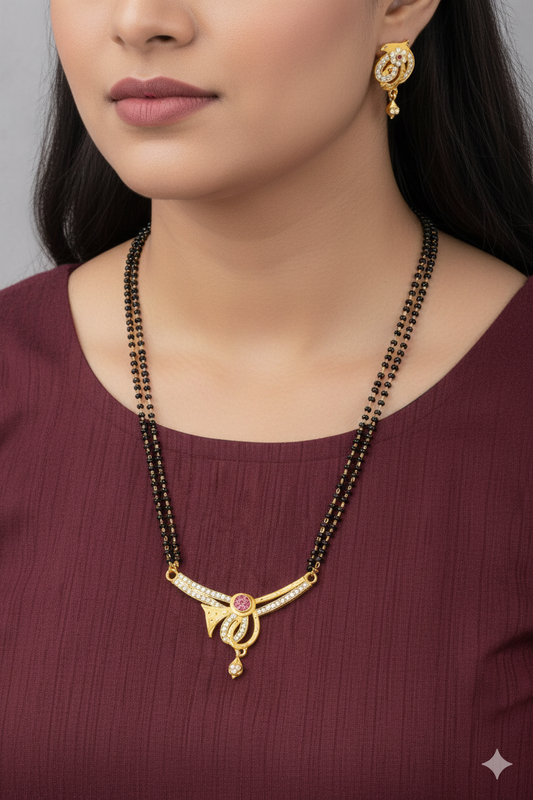 Elegant Micro Gold Plated AD Diamond 24 inches Mangalsutra with Ruby Accent Pendant and earring.