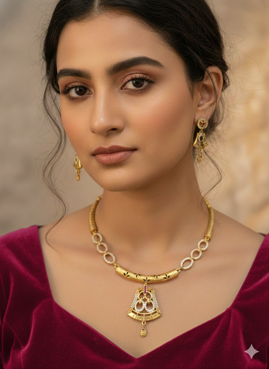 Elegant Micro Gold Plated AD Diamond Pendant Necklace Set with Matching Earrings