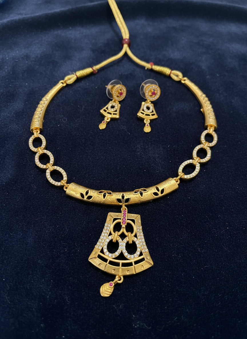 Elegant Micro Gold Plated AD Diamond Pendant Necklace Set with Matching Earrings