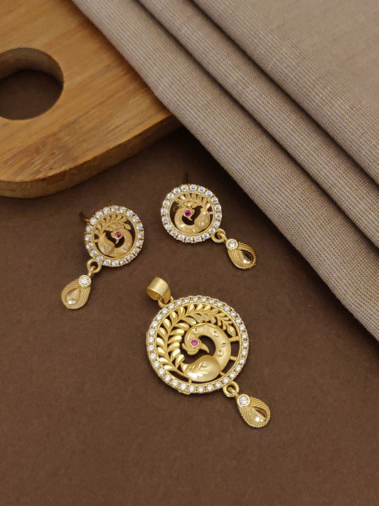 Gold Plated Ad Diamond Studded Peacock Design Pendant Set With Earrings For Women